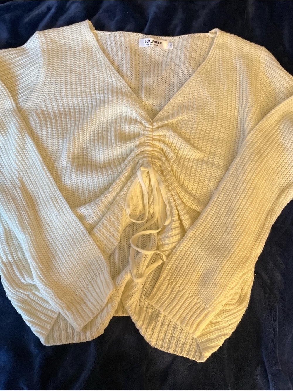 Qualfort Cream Ruched Front Knit Sweater